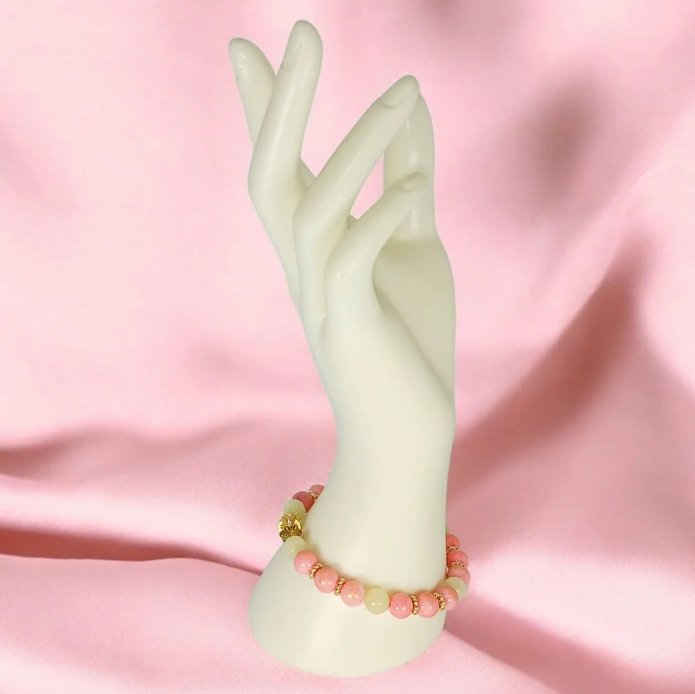 Peach Pink Mountain Jade Green Beryl & Clear Quartz Crystal Bracelet New Preppy